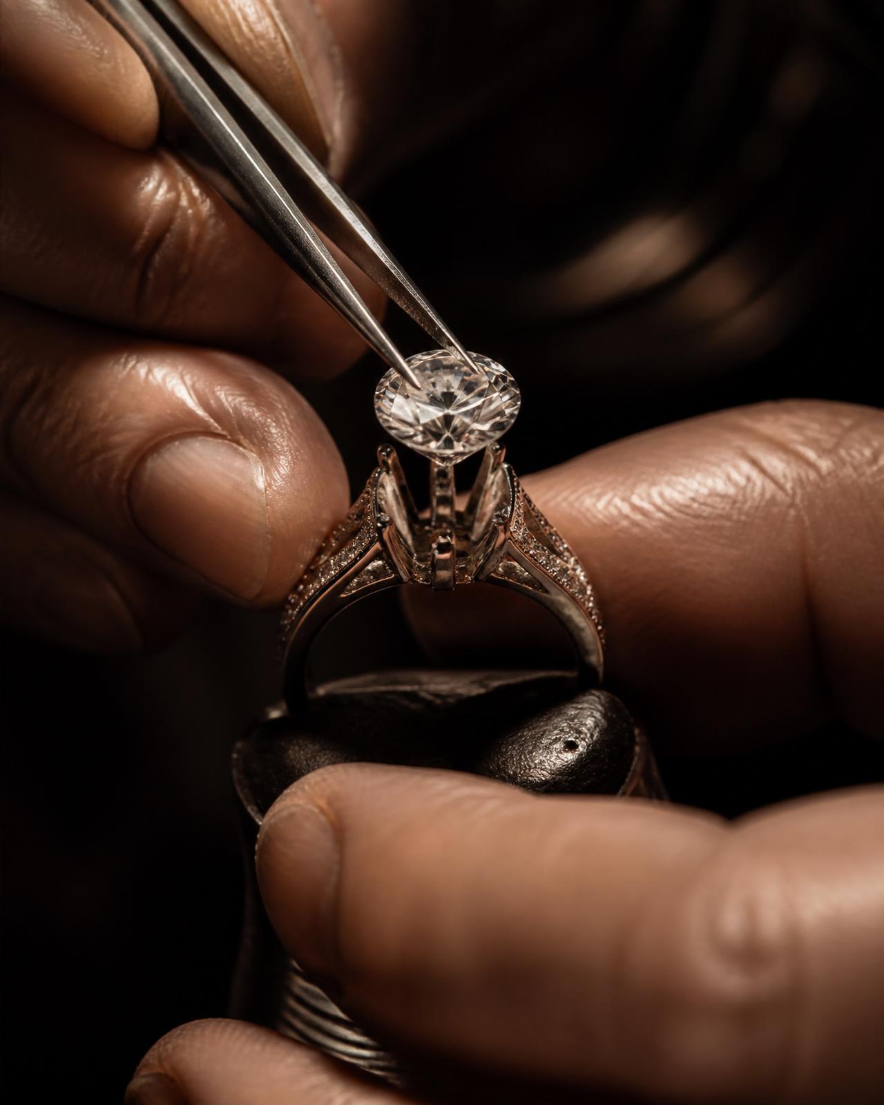 Master goldsmith setting a brilliant diamond into a platinum mount