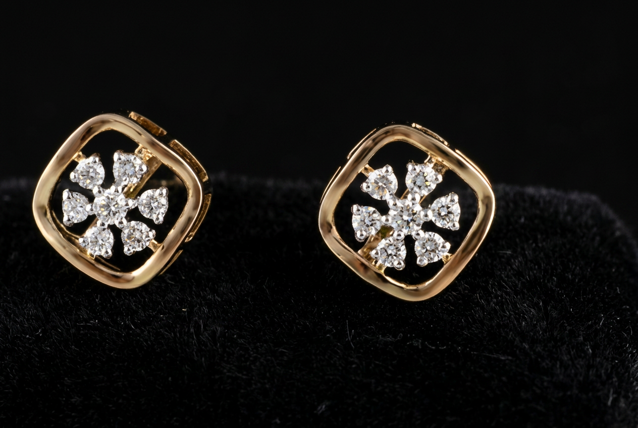 The Pushpa Stud — floret cluster diamond earrings, 18kt rose & white gold