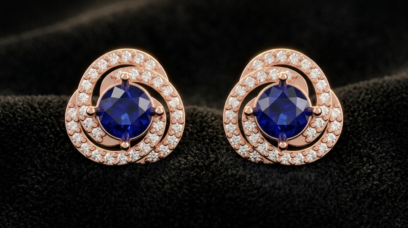 The Neelambar Halo — round blue sapphire earrings with double diamond swirl, 18kt rose gold