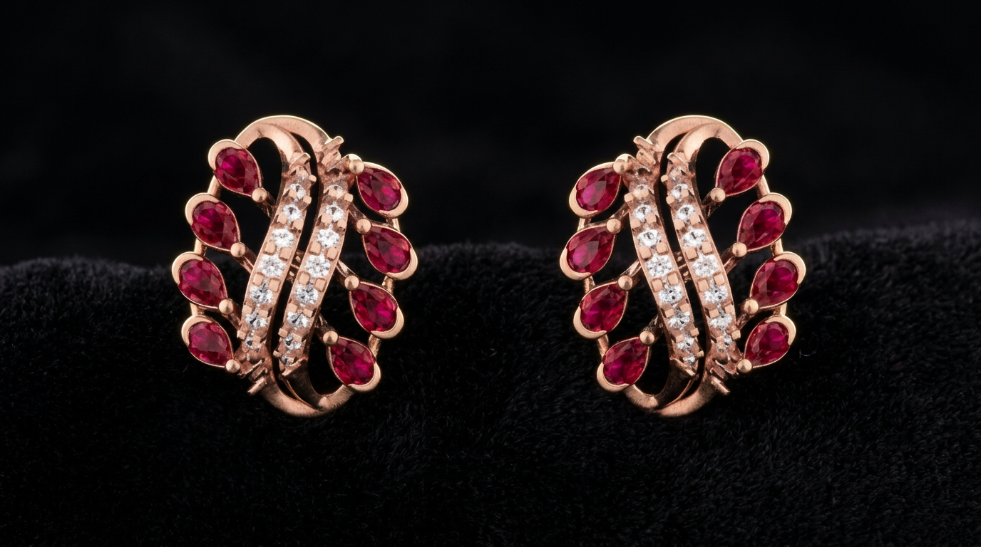 The Gulnaar Crest — ruby marquise hoop earrings with diamond rails, 18kt rose gold