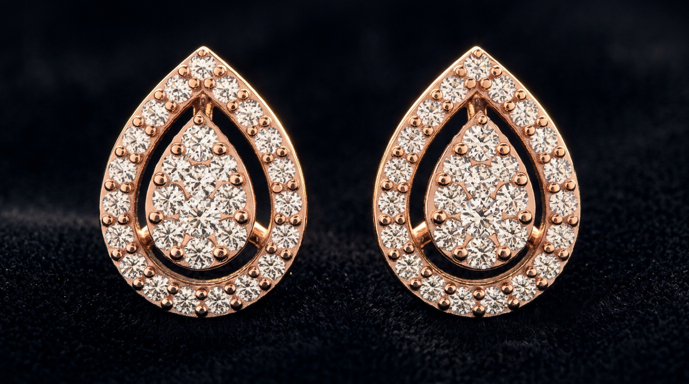 The Aabha Pear Stud — pear diamond cluster earrings with double halo, 18kt rose gold