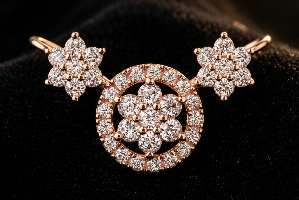 The Tara Vritt — floral diamond ear climbers with halo medallion centre, 18kt rose gold