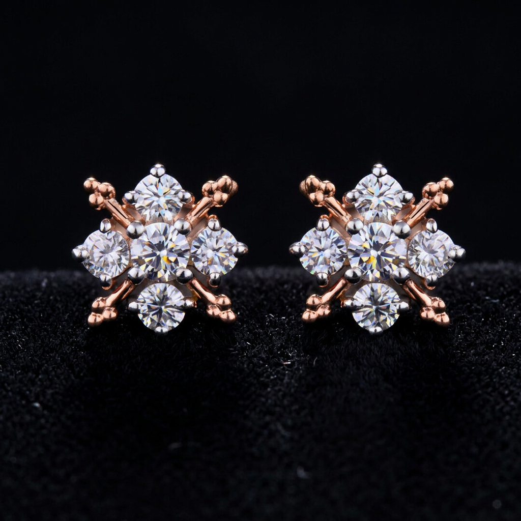 The Tara Snowflake — star-set round brilliant diamond earrings, 18kt rose gold