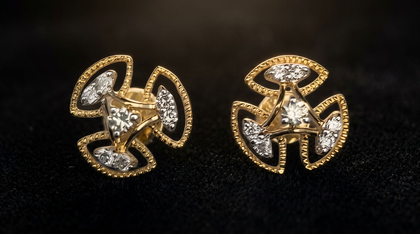 The Chakravaka Stud — diamond-set pinwheel earrings, 18kt two-tone gold