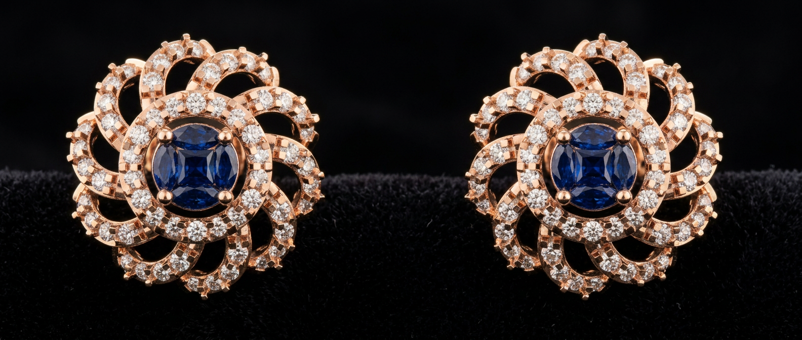 The Neelam Chakra — blue sapphire earrings in diamond pinwheel halo, 18kt rose gold