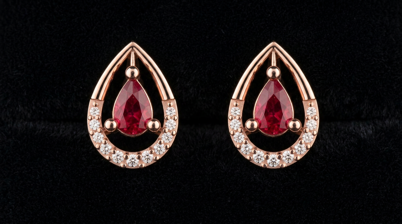 The Lohit Drop — pear-cut ruby earrings in diamond teardrop frame, 18kt rose gold