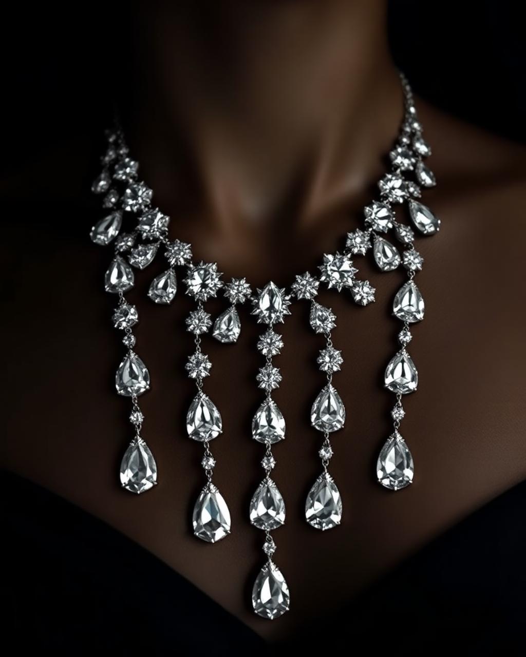 The Ganga Cascade — pear-drop diamond rivière necklace, 62.4ct total, platinum
