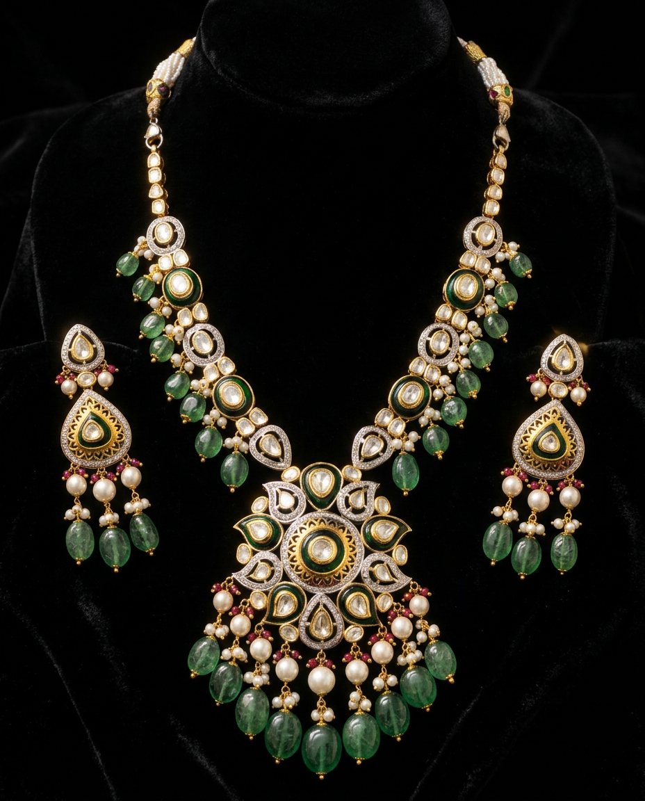 The Mughal Bloom Necklace — polki diamonds, carved emeralds, pearl drops, 22kt gold