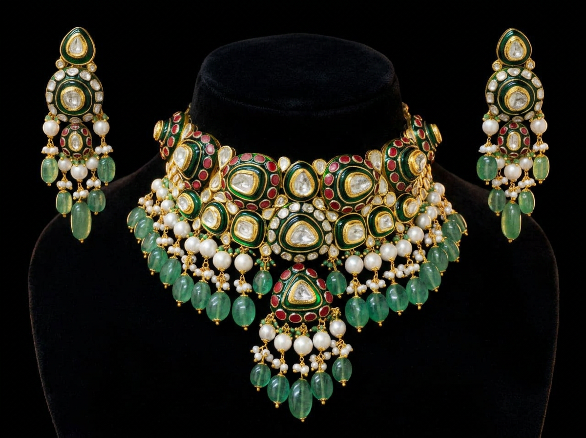 The Ruby Meenakari Bib — polki diamonds, ruby inlay, green meenakari, emerald drops, 22kt gold