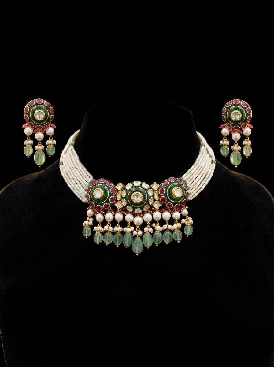 The Seed Pearl Rani Choker — polki, ruby meenakari, seed pearl strands, emerald drops, 22kt gold