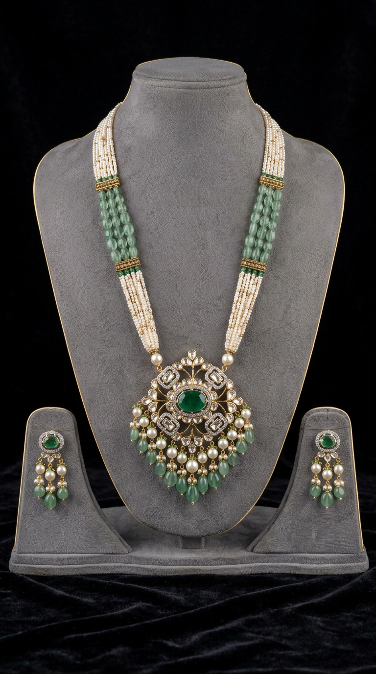 The Zamrud Long Haar — diamond polki, emerald cabochon, pearl & emerald beading, 22kt gold
