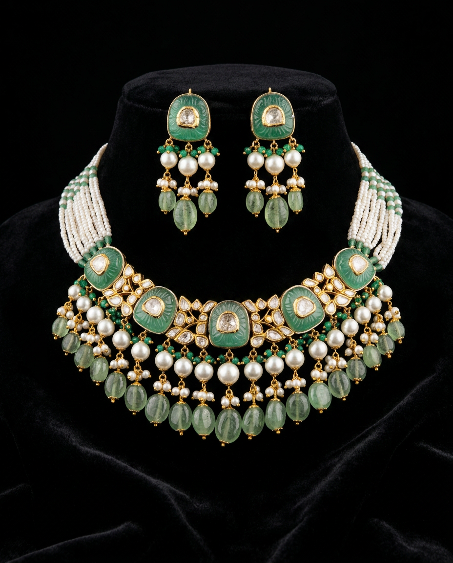 The Carved Emerald Collar — hand-carved emeralds, polki diamonds, pearl cascade, 22kt gold