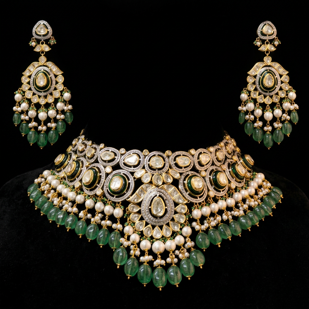 The Emerald Meenakari Choker — uncut polki diamonds, Zambian emerald beads, South Sea pearls, 22kt gold
