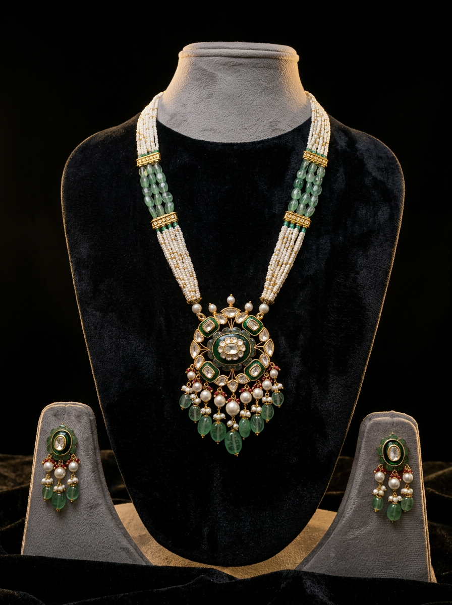The Heritage Rani Haar — polki pendant, emerald melon beads, pearl strands, 22kt gold