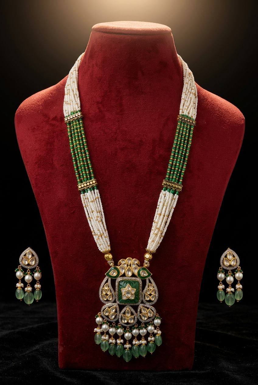 The Zamrud Regalia — carved emerald centrepiece with polki diamonds, 22kt gold