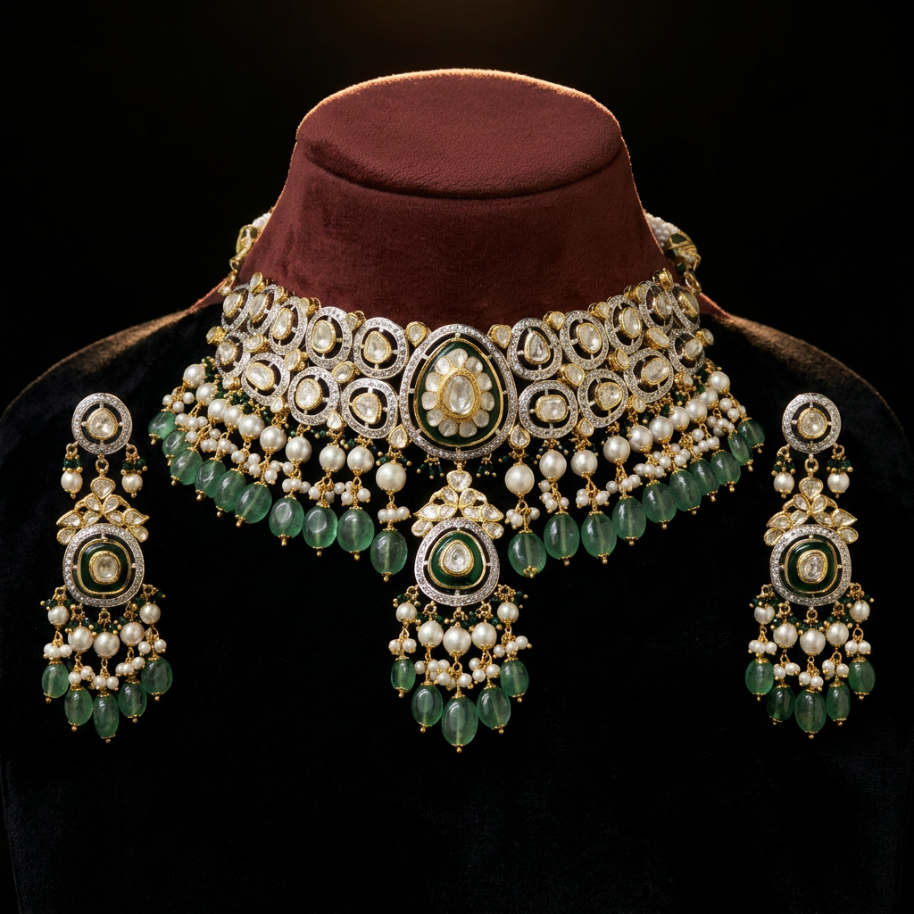 The Shahi Bridal Choker — uncut polki diamonds, meenakari enamel, emerald drops, 22kt gold