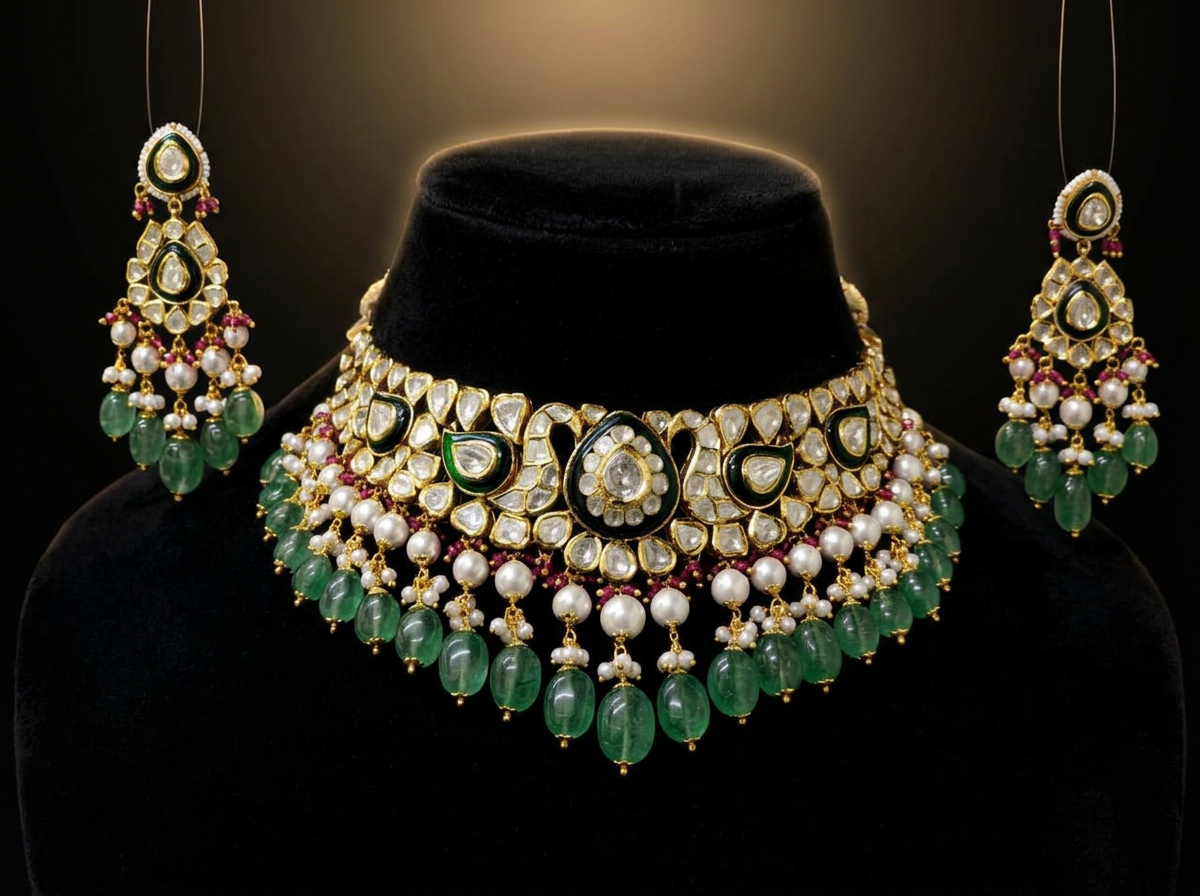 The Jaipur Meenakari Set — polki diamonds, green enamel, ruby & emerald pearl drops, 22kt gold