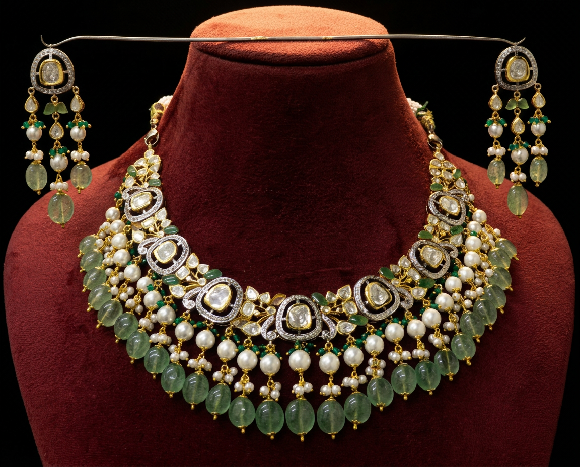 The Emerald Cascade Necklace — diamond-set polki, Russian emerald beads, baroque pearls, 22kt gold