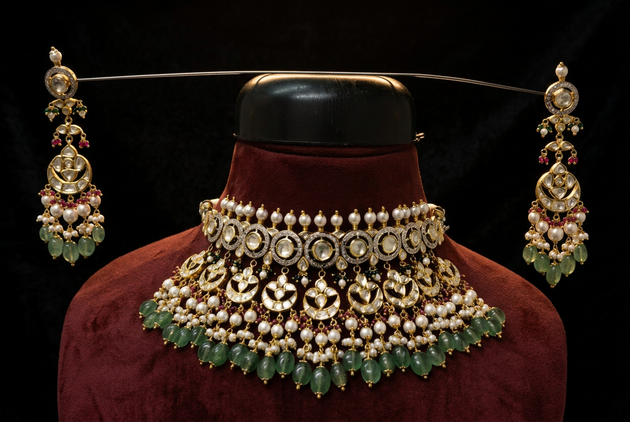 The Moti Bagh Choker — polki diamonds, pearl lattice, emerald & ruby accents, 22kt gold