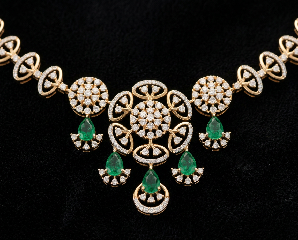 The Ziya Emerald Festoon — diamond medallion necklace with emerald pear drops, 18kt gold
