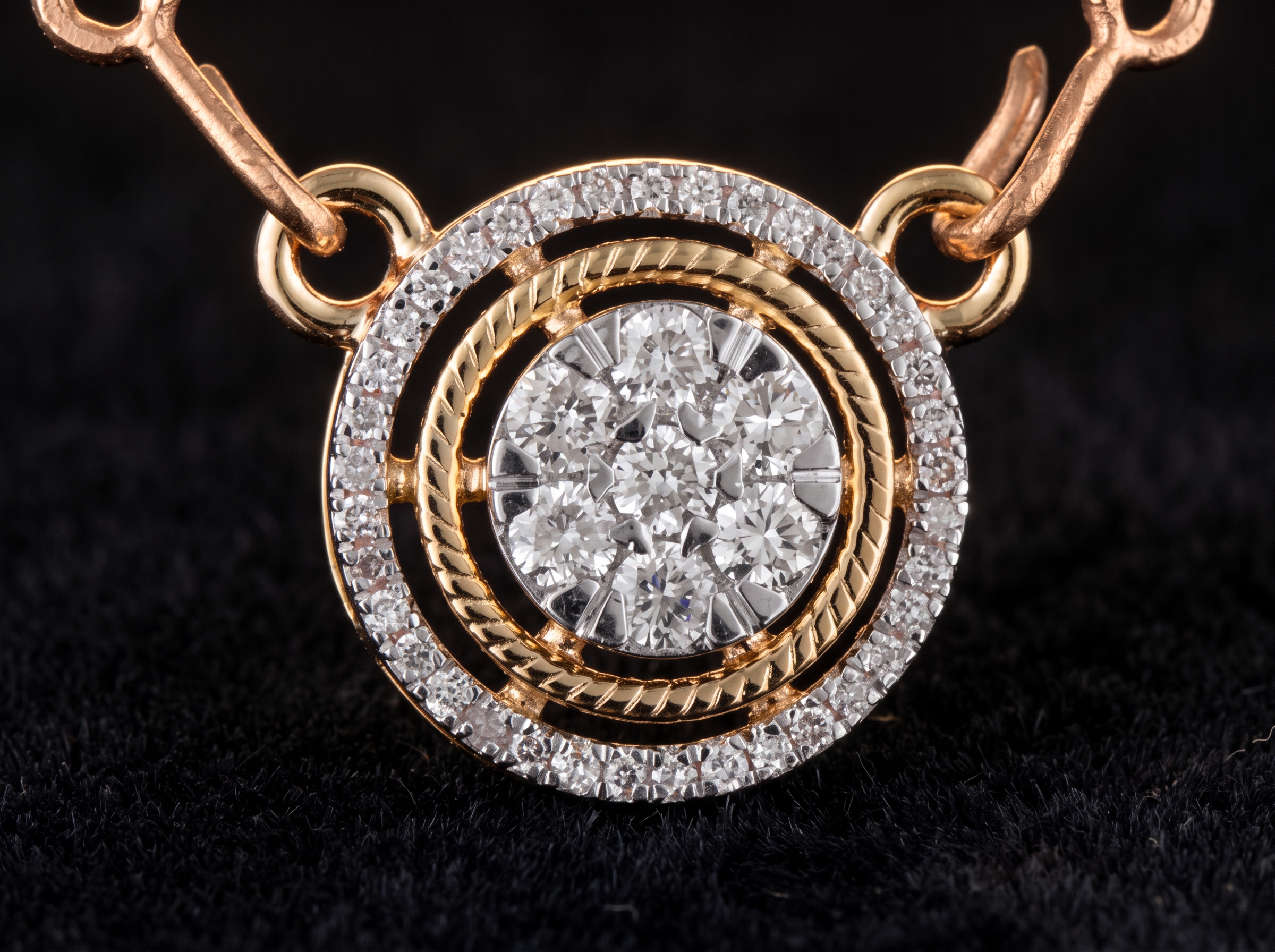 The Chakra Halo Pendant — round diamond cluster pendant with rope-twist inlay, two-tone gold