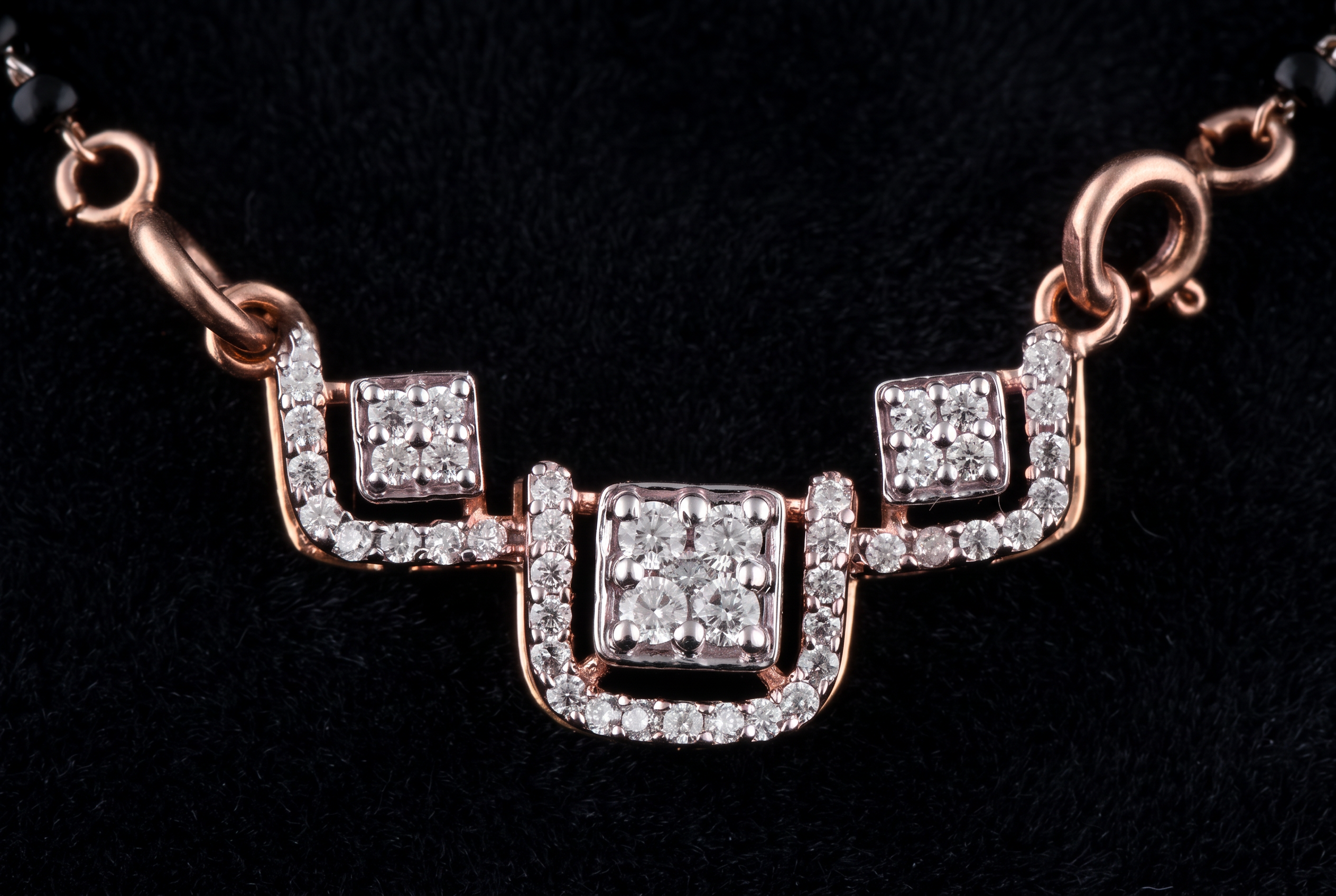 The Teen Chowk — three-square diamond mangalsutra centrepiece, two-tone rose gold