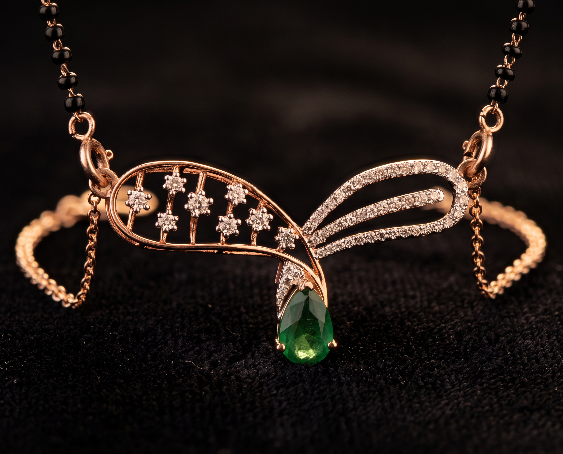 The Panna Boondh — pear emerald drop mangalsutra with diamond paisley, 18kt rose gold