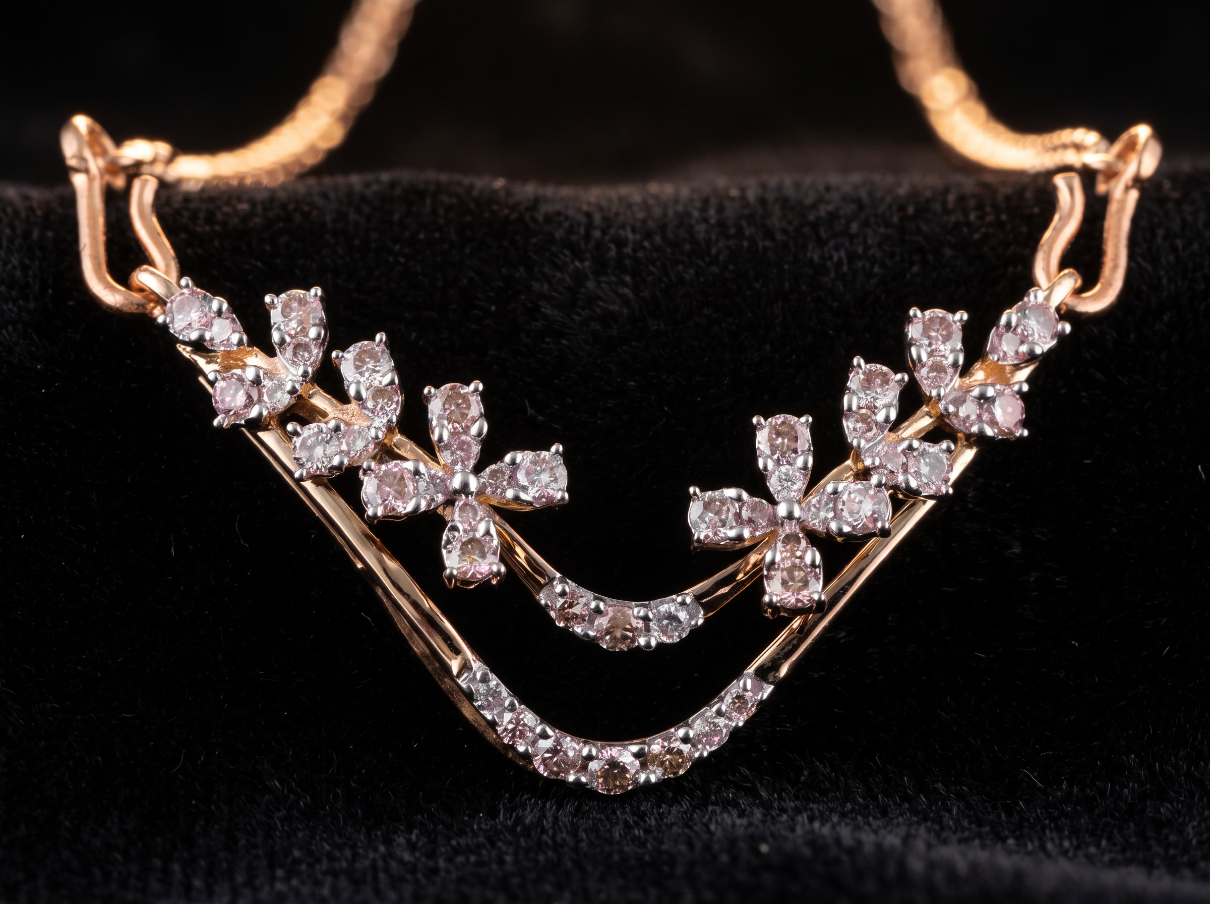 The Chameli Jhalar — twin floral diamond V-drop mangalsutra, two-tone rose gold
