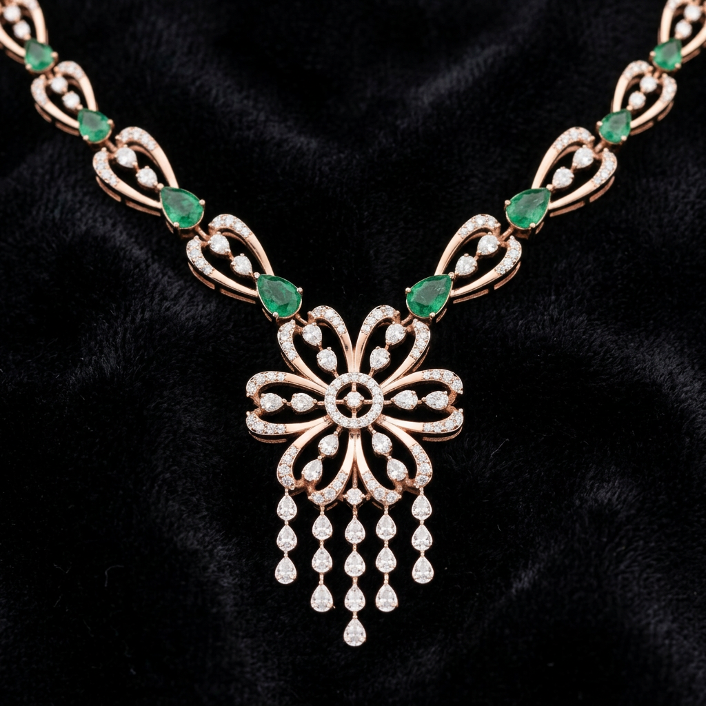 The Meherbaan Cascade — pear-set emerald garland necklace with diamond tassels, 18kt rose gold