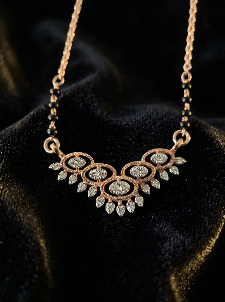 The Nazaakat Leafline — five-circle diamond mangalsutra with marquise leaf drops, 18kt rose gold