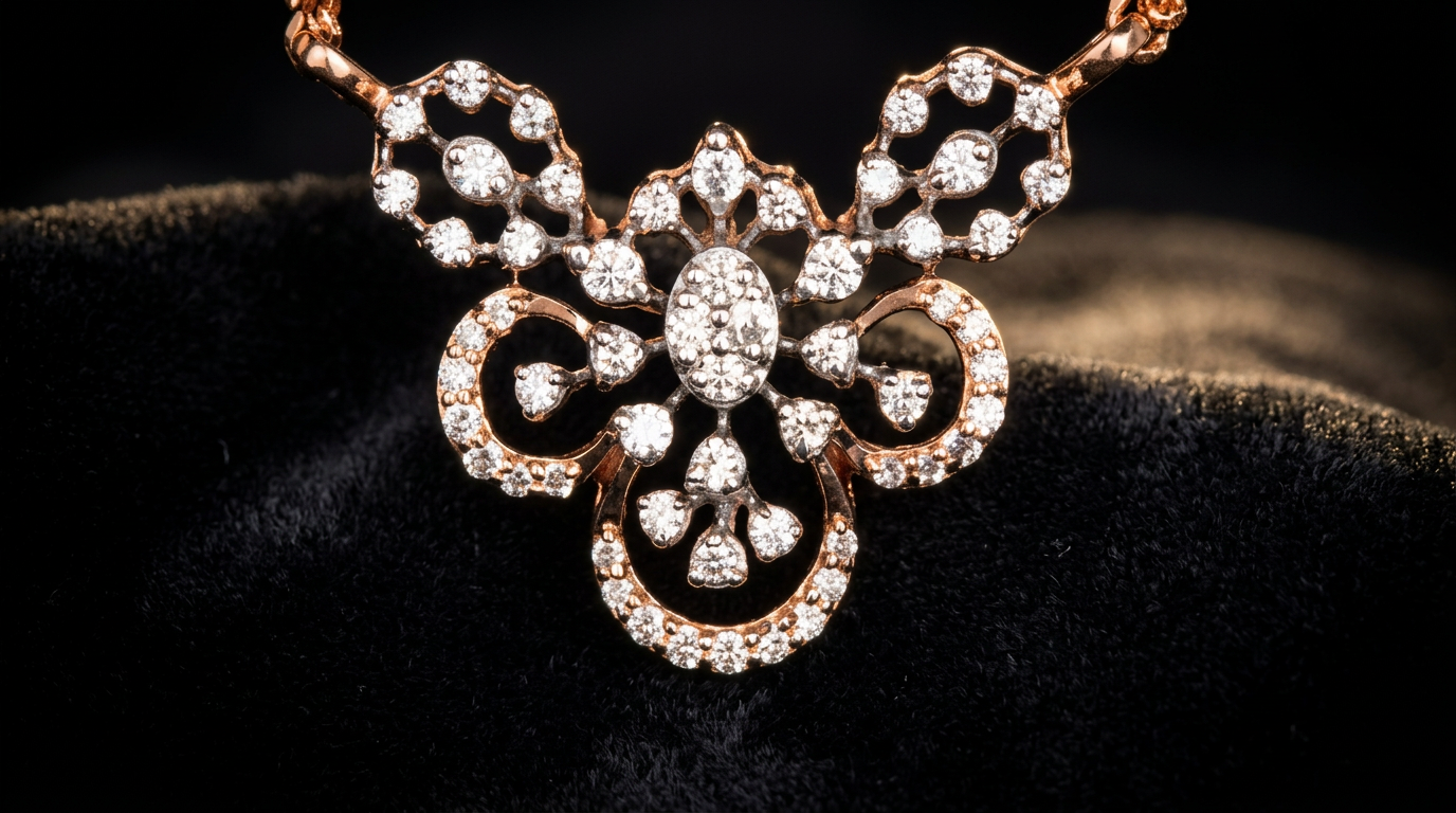 The Trishakti Bloom — trefoil diamond mangalsutra centrepiece, two-tone rose & white gold