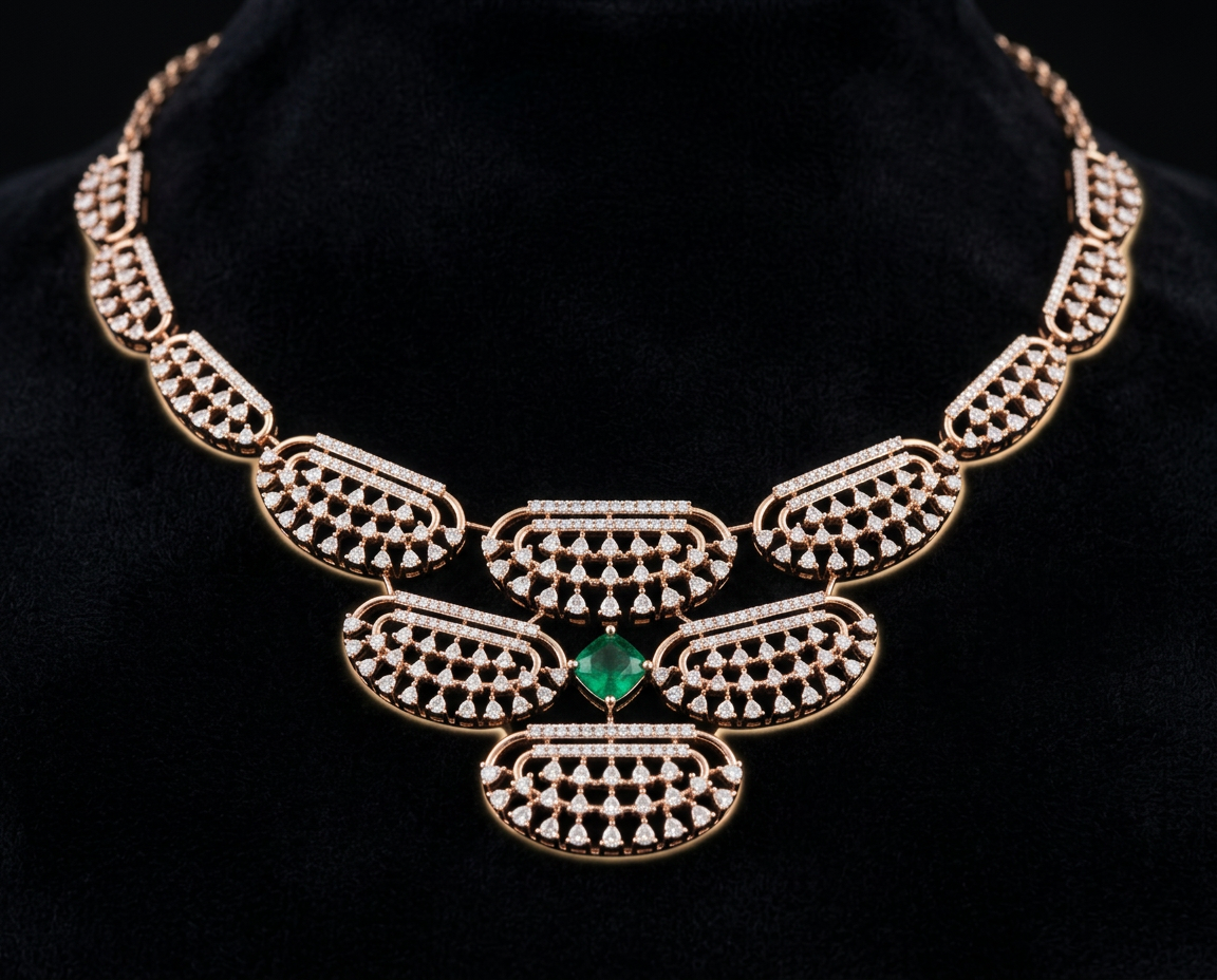 The Noor Jaal Collar — diamond fan lattice collar necklace with emerald centre, 18kt rose gold