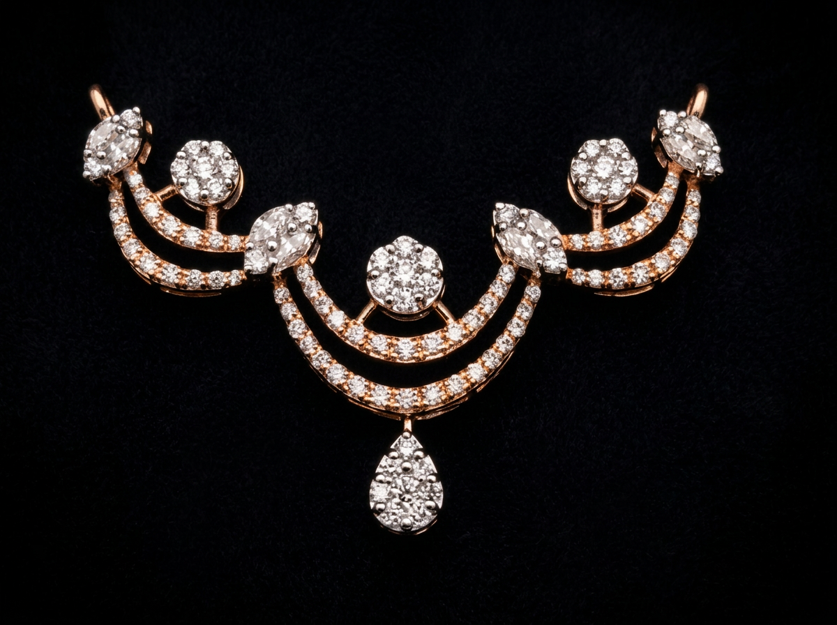 The Jharoka Haar — draped diamond cluster mangalsutra centrepiece, 18kt rose gold