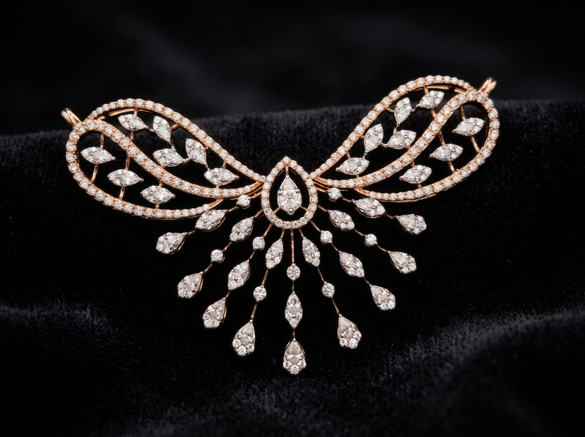 The Mayurika Wing — winged diamond centrepiece with marquise drop fringe, 18kt rose gold