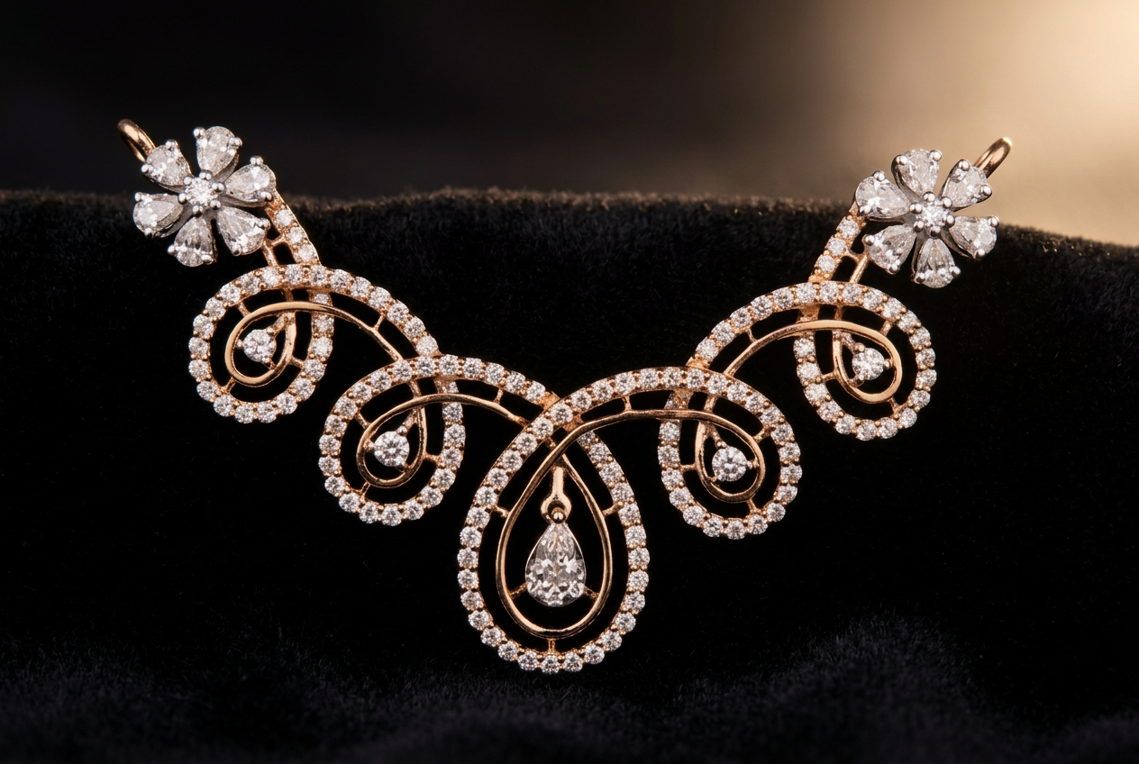The Gulnaar Scroll — diamond scroll mangalsutra centrepiece with floral clusters, 18kt rose gold