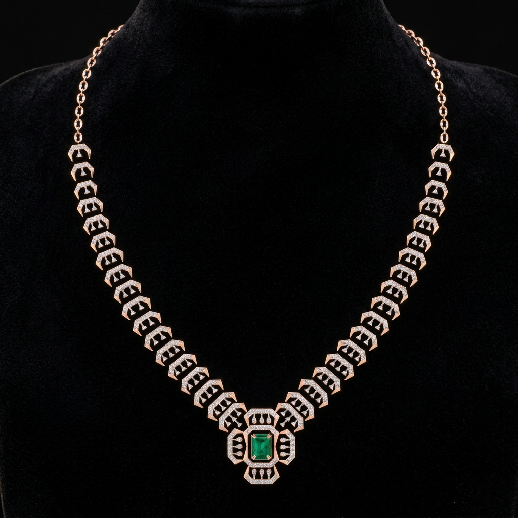 The Arzoo Emerald Line — chevron diamond collar with emerald-cut centre, 18kt rose gold
