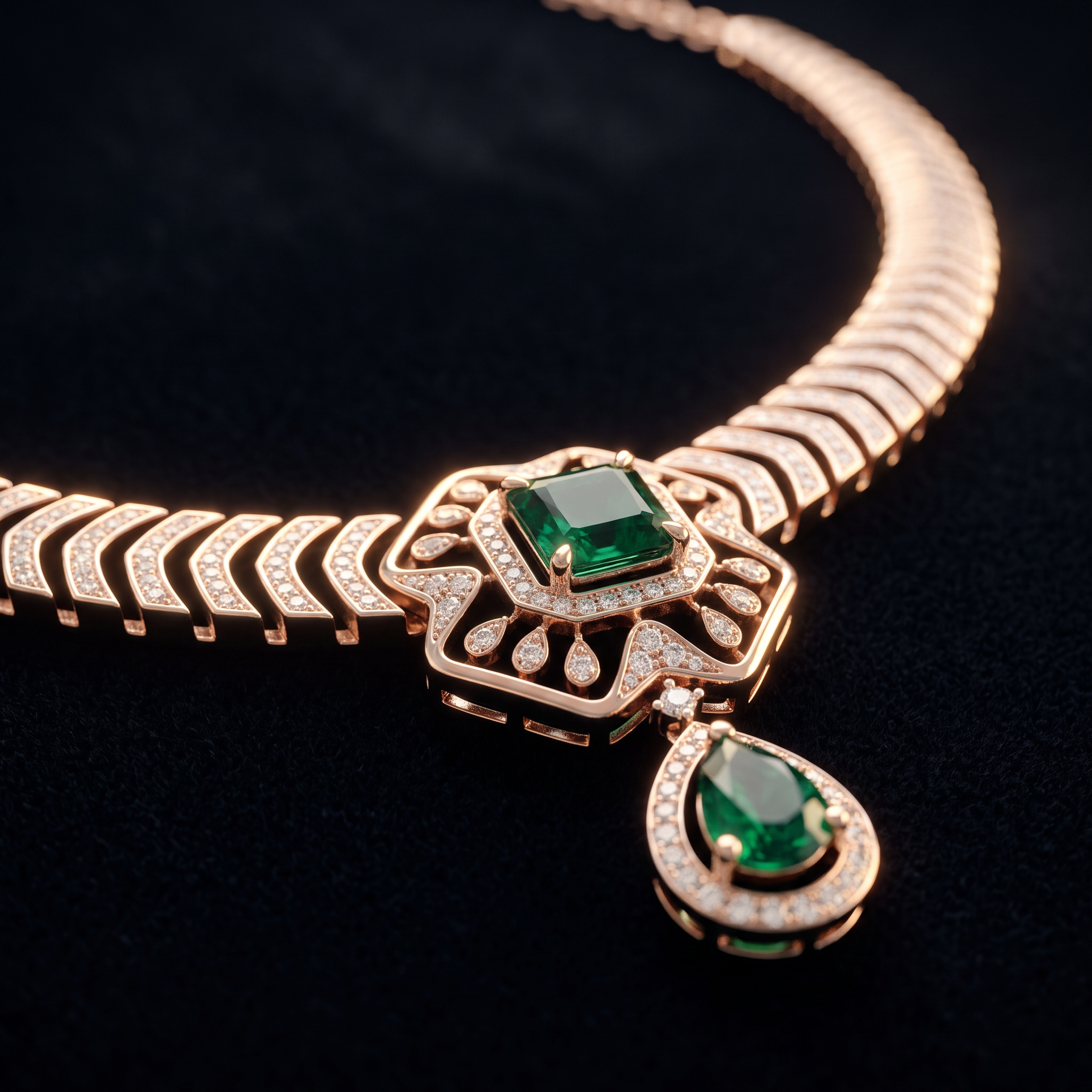 The Rivaayat Pendant Collar — chevron diamond necklace with emerald pendant drop, 18kt rose gold