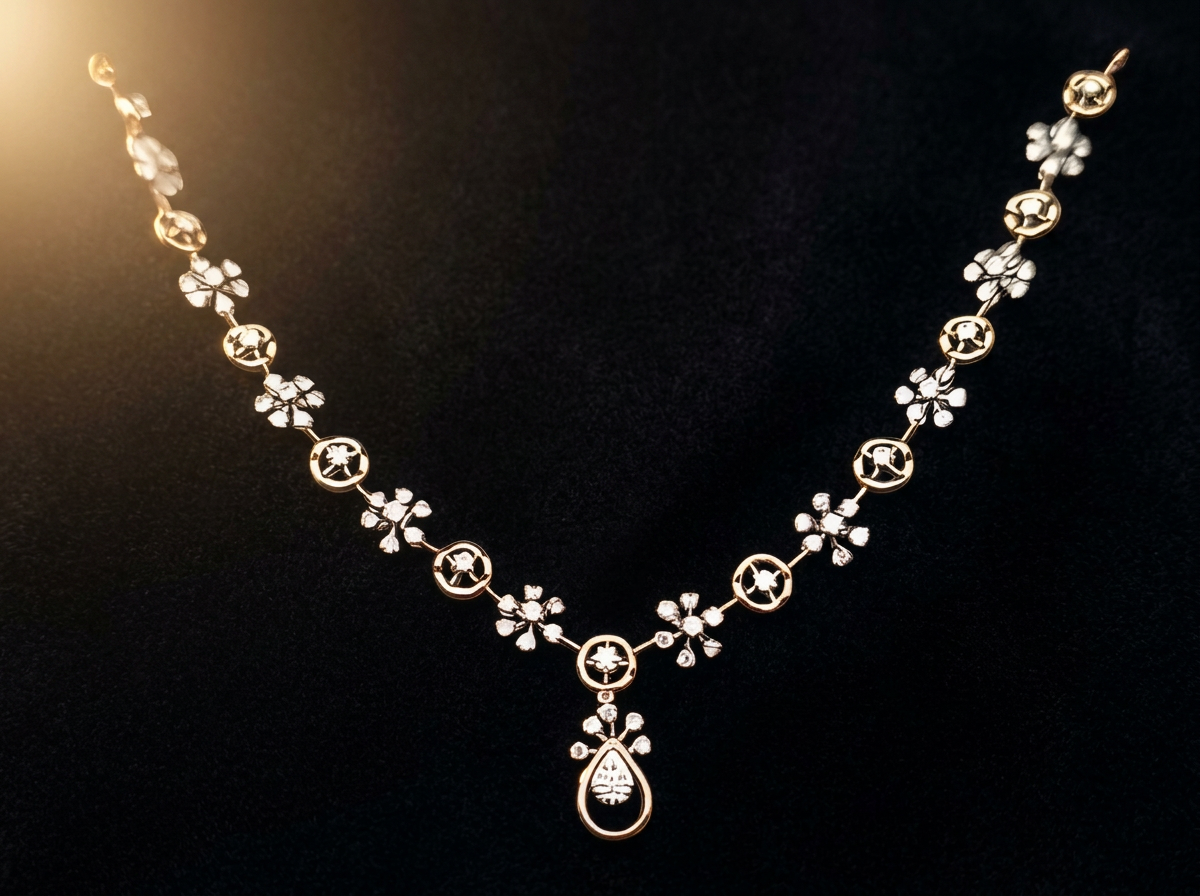 The Baraat Rivière — rose-cut diamond floral link necklace with pear pendant, two-tone gold