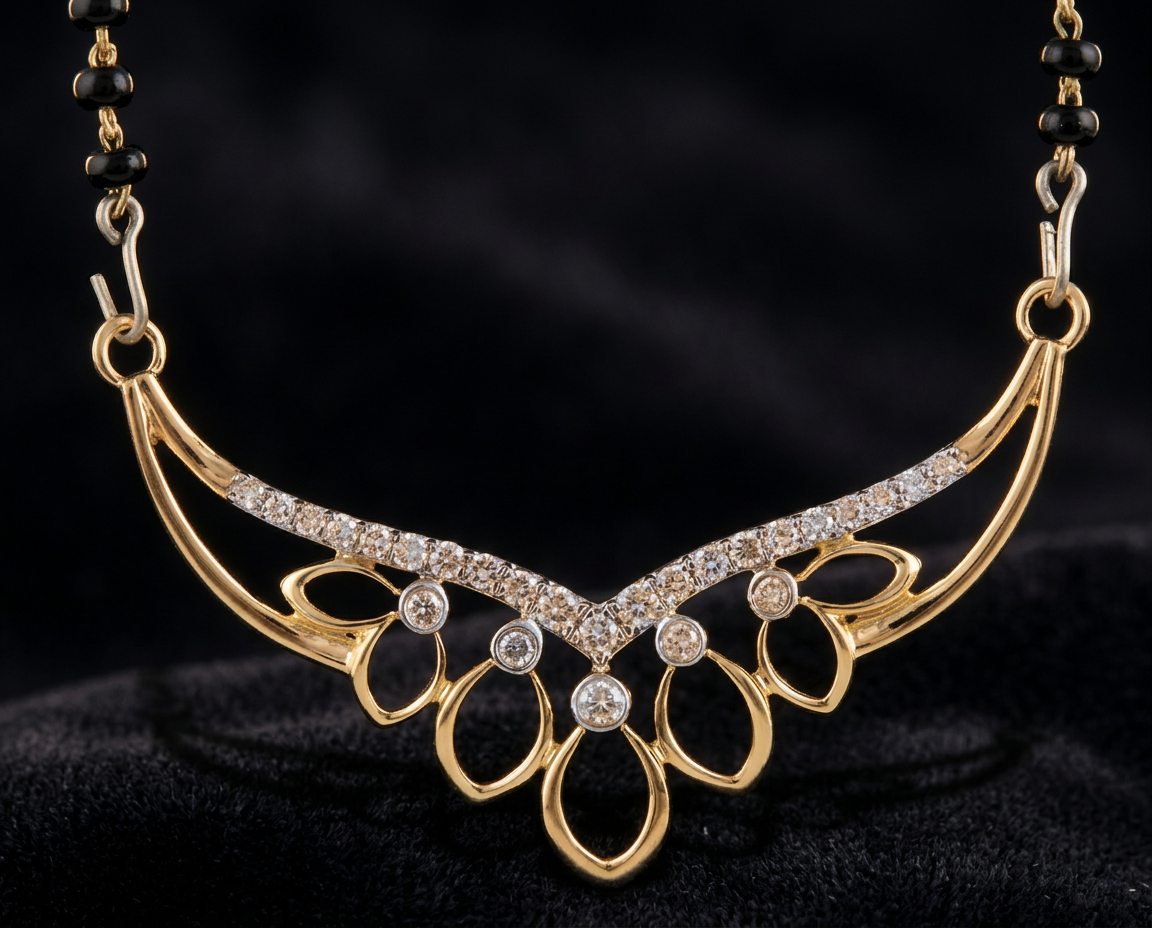 The Phool Vee — petal diamond mangalsutra with black bead chain, two-tone gold