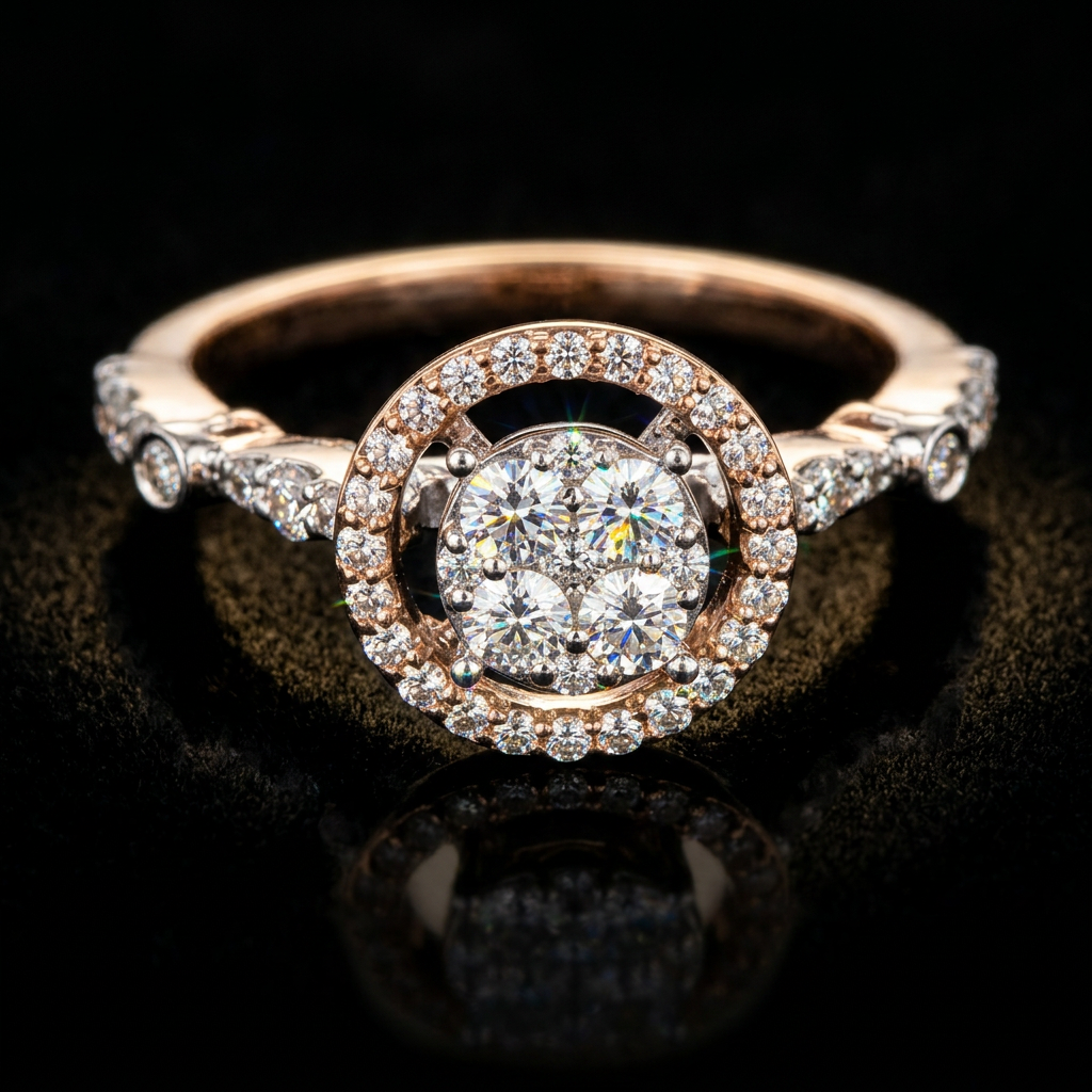 The Sitara Halo — round diamond cluster ring with pavé halo, 18kt rose gold