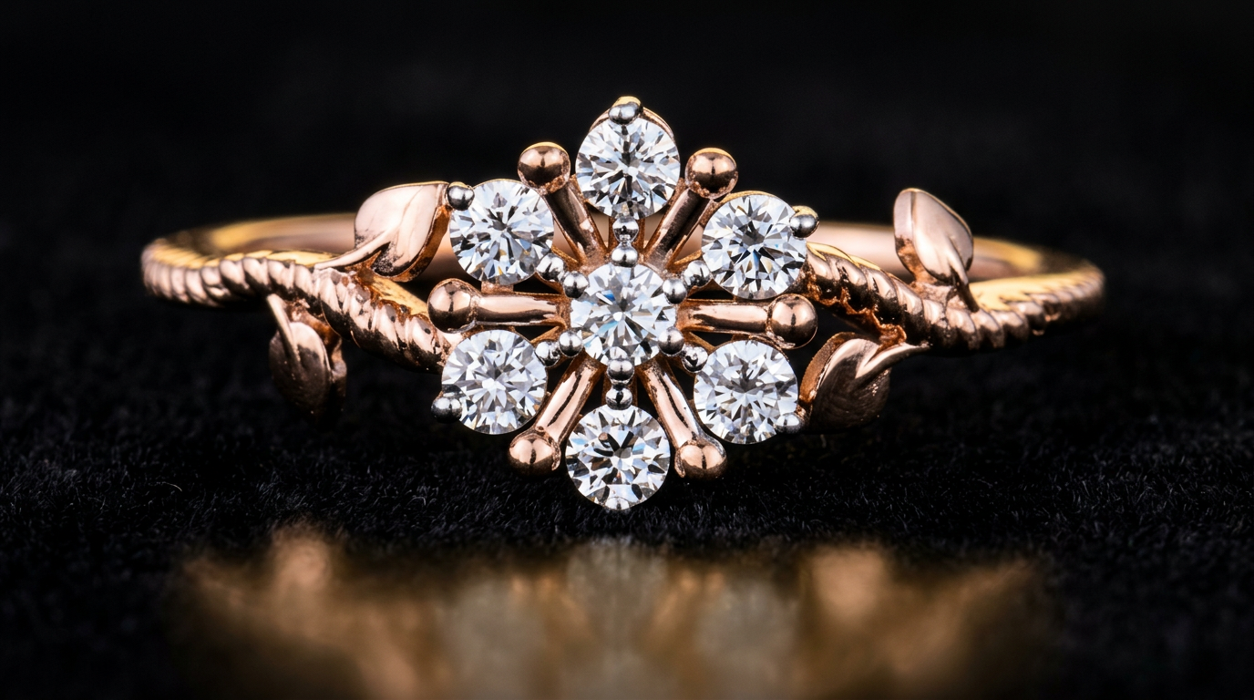 The Tulsi Snowflake — diamond star cluster ring on rope twist shank, 18kt rose gold