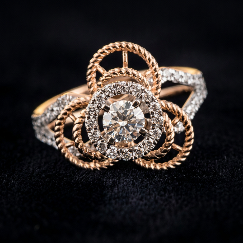 The Chakravyuh Solitaire — round brilliant diamond in rope cage halo, 18kt two-tone gold