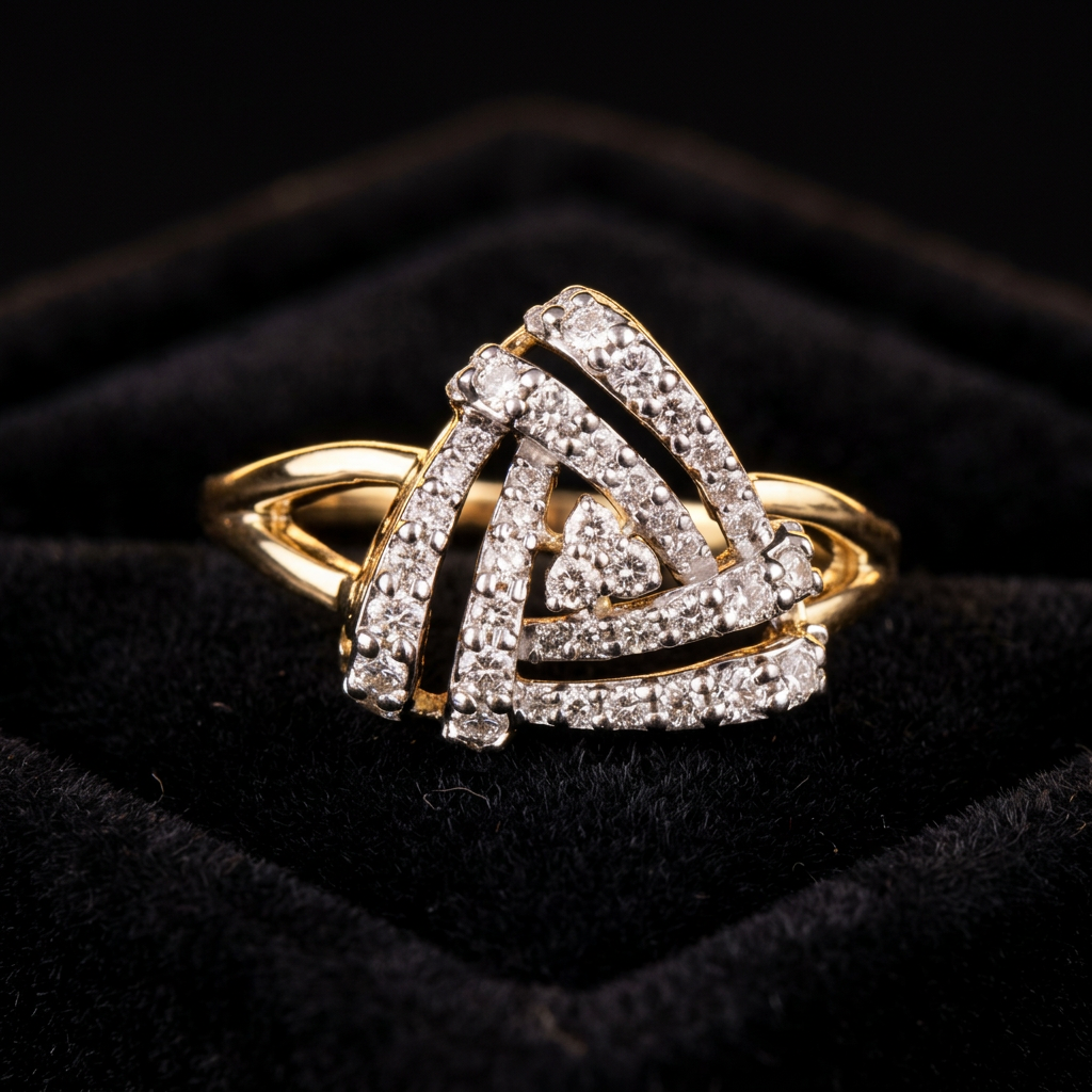 The Trishul Pavé — triangular pavé diamond openwork ring with trilogy heart, 18kt two-tone gold