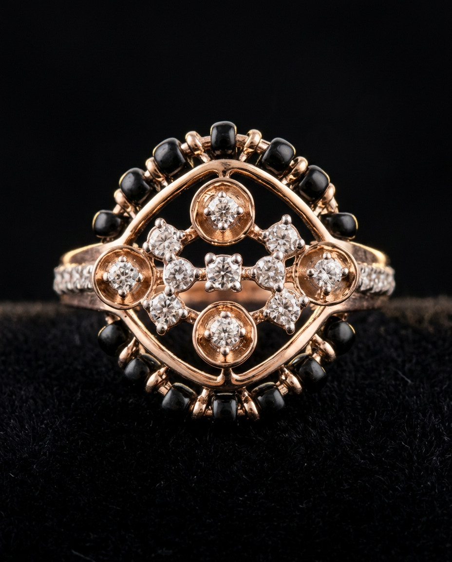 The Mangal Lattice — diamond trellis ring with black bead halo, 18kt rose gold