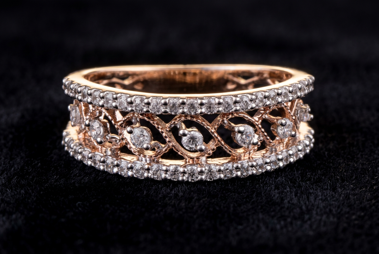 The Anantvel Band — vine-motif diamond openwork ring, double pavé rails, 18kt two-tone gold