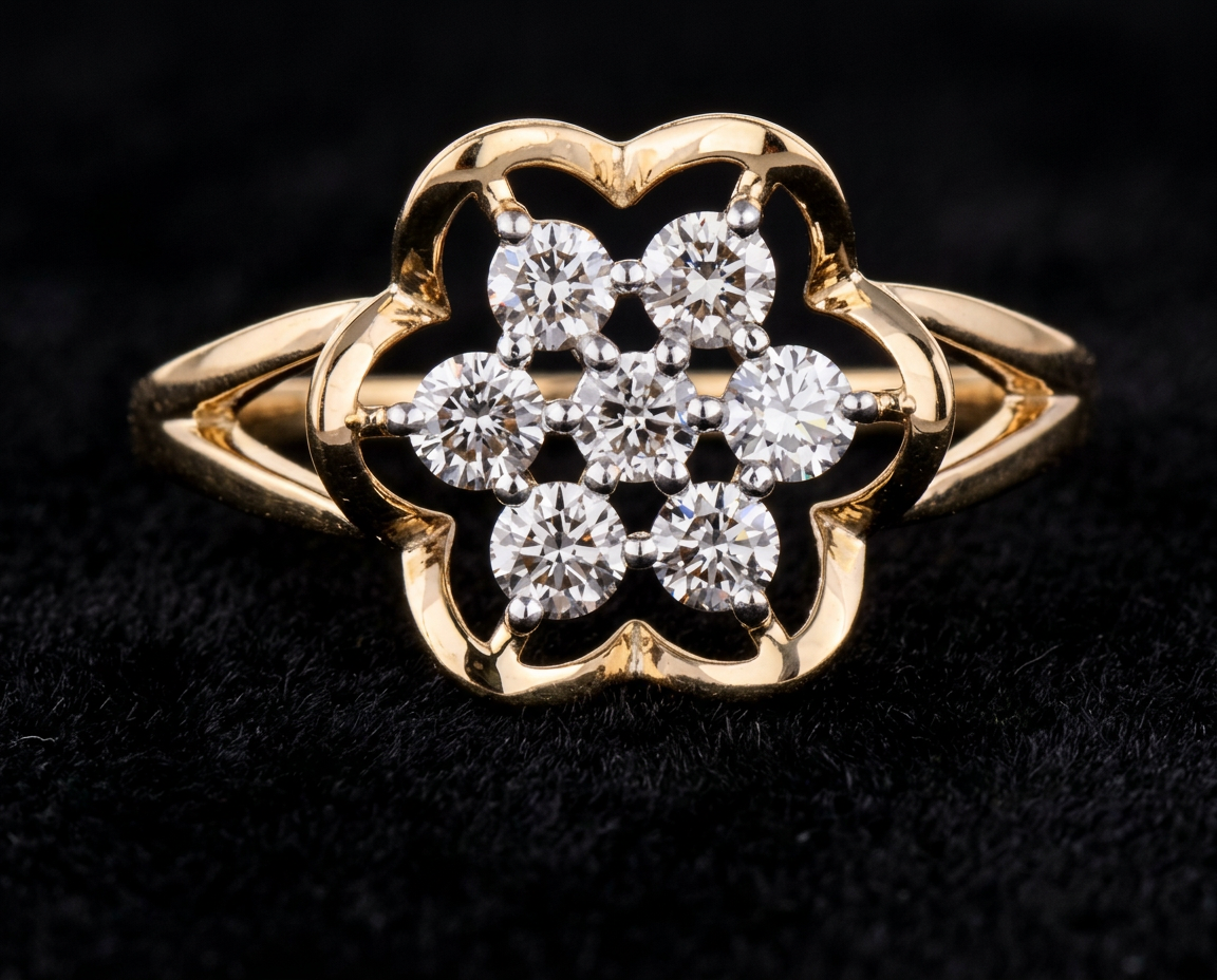 The Champa Floret — seven-stone diamond blossom ring in petal frame, 18kt yellow gold