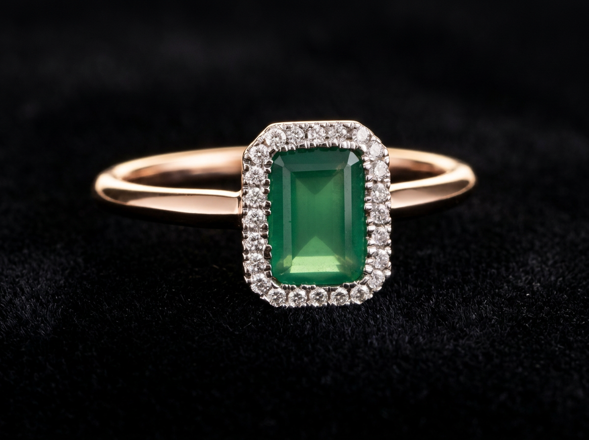 The Zamrud Solitaire — emerald-cut green beryl ring with diamond halo, 18kt rose gold