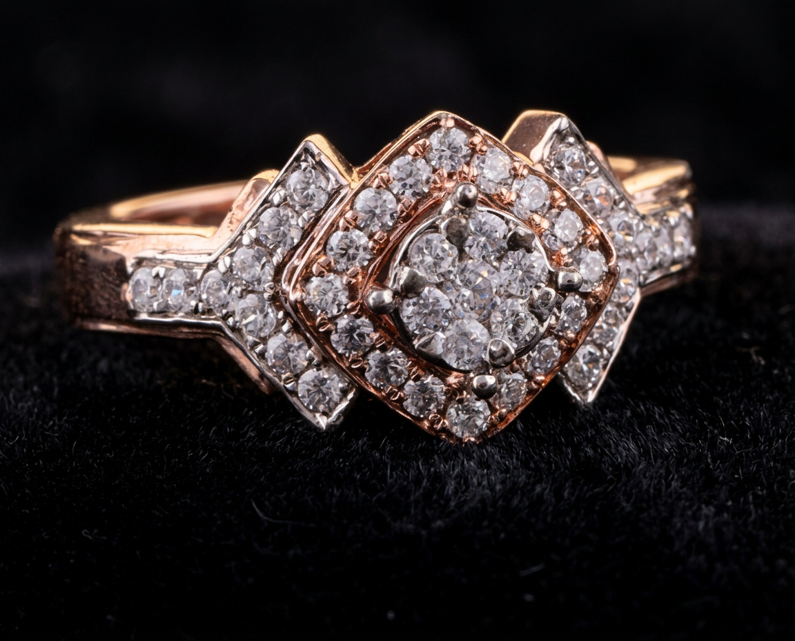 The Hira Cushion Halo — cushion diamond cluster ring with kite pavé shoulders, 18kt rose gold