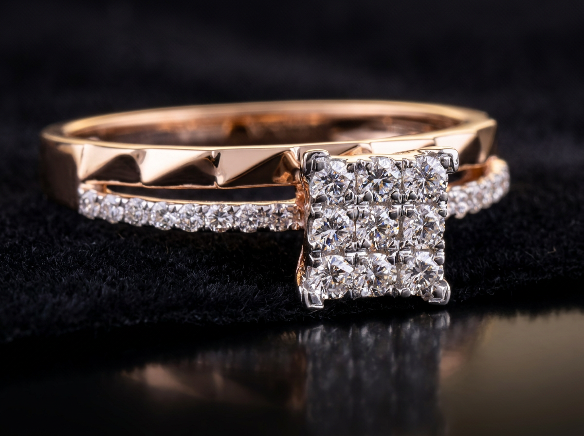 The Manya Princess — princess-cut diamond cluster ring, pyramid band, 18kt rose gold