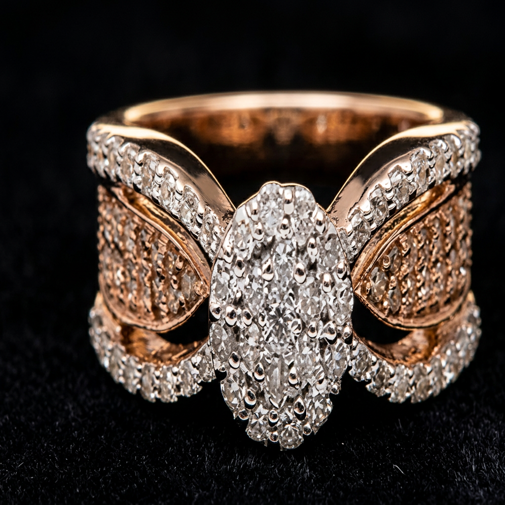 The Maharani Statement — oval diamond cluster ring with pavé bow shoulders, 18kt rose gold